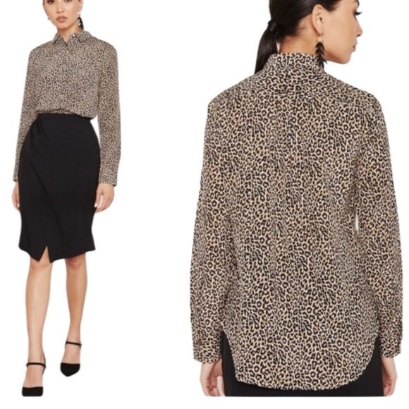 J Crew New 100% Silk Leopard Print Long Sleeve Button Down Blouse Relaxed Fit - Picture 1 of 16